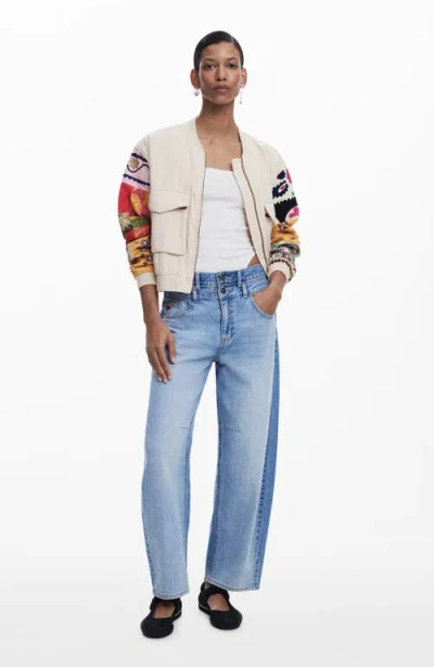 Desigual Patchwork-sleeve Bomber Jacket In White