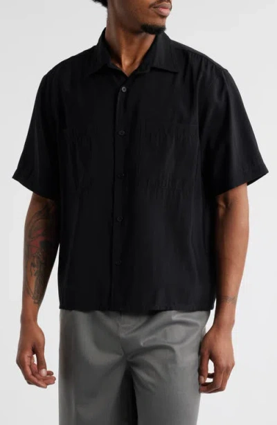 Open Edit Oversize Texture Short Sleeve Button-up Shirt In Black