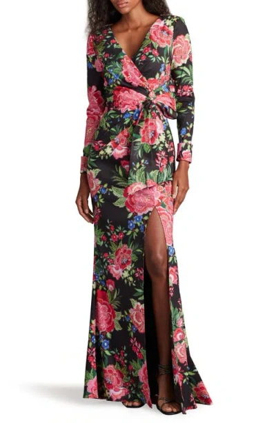 Tadashi Shoji Cii24469l Long Printed Formal Floral Dress In Black/fuchsia Floral