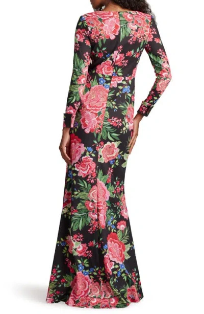 Tadashi Shoji Cii24469l Long Printed Formal Floral Dress In Black/fuchsia Floral