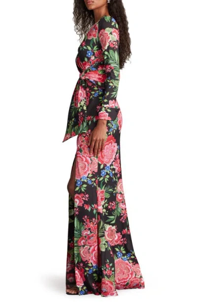 Tadashi Shoji Cii24469l Long Printed Formal Floral Dress In Black/fuchsia Floral