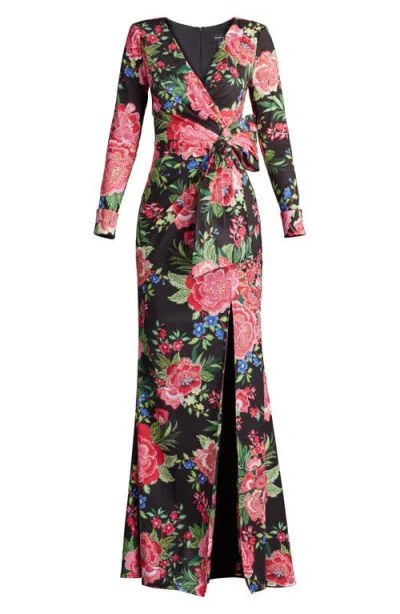 Tadashi Shoji Cii24469l Long Printed Formal Floral Dress In Black/fuchsia Floral