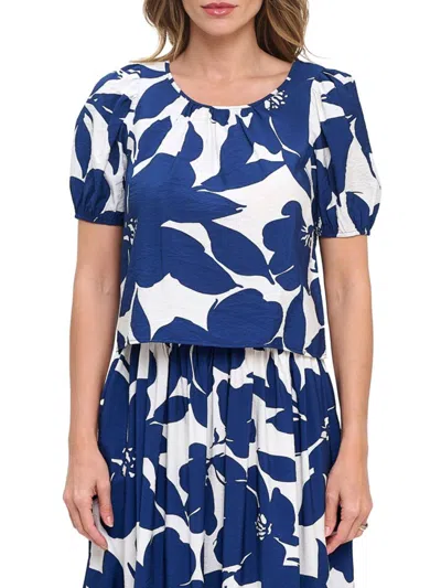 Renee C Floral Puff Sleeve Stretch Cotton Top In Blue