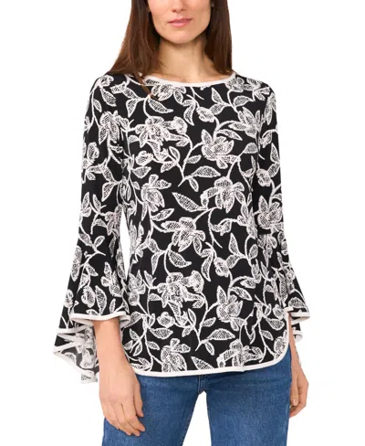 Sam & Jess Women's Printed Crewneck 3/4-bell-sleeve Blouse In Black
