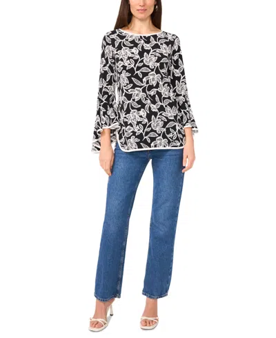 Sam & Jess Women's Printed Crewneck 3/4-bell-sleeve Blouse In Black