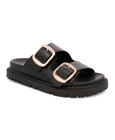 Mia Women's Gen Double Buckle Flat Slide Sandals In Black