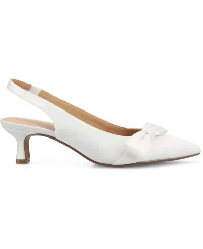 Journee Collection Women's Paloma Bow Kitten Heel Slingback Pumps In Satin,white