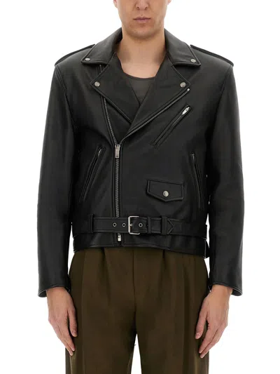 Saint Laurent Belted Leather Biker Jacket In Black