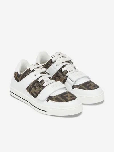 Fendi Kids Leather Jacquard Logo Trainers In White