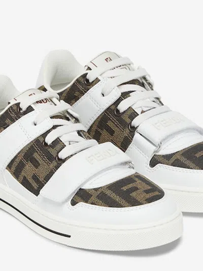 Fendi Kids Leather Jacquard Logo Trainers In White