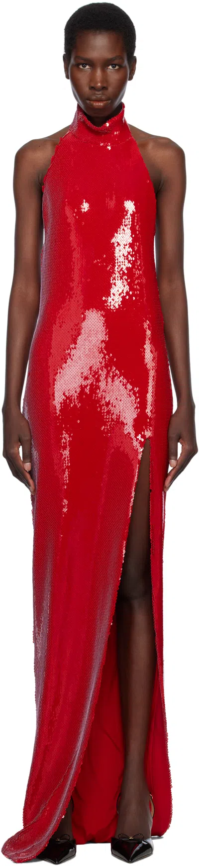 Balmain Red Long Sequin Halterneck Maxi Dress In 3ch Rouge Scarlet