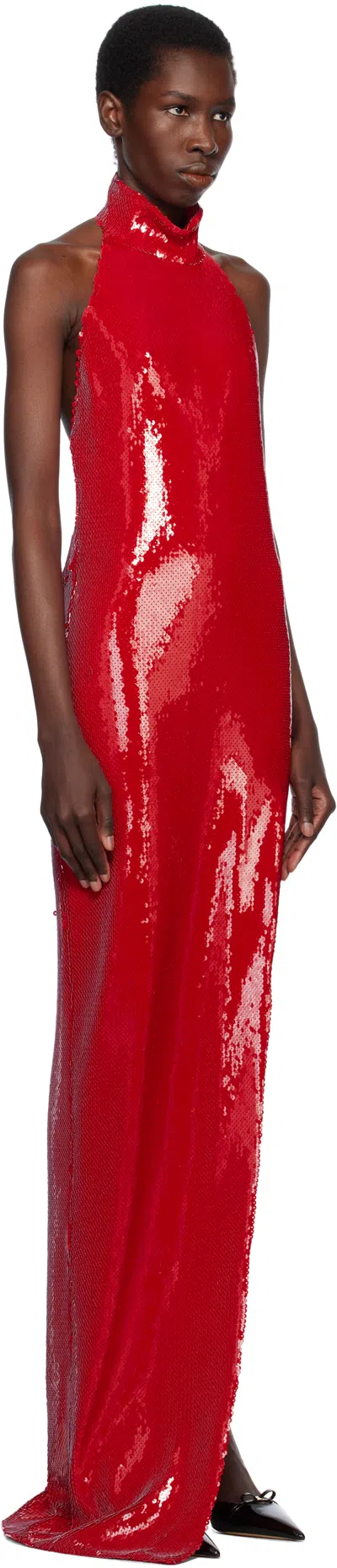 Balmain Red Long Sequin Halterneck Maxi Dress In 3ch Rouge Scarlet