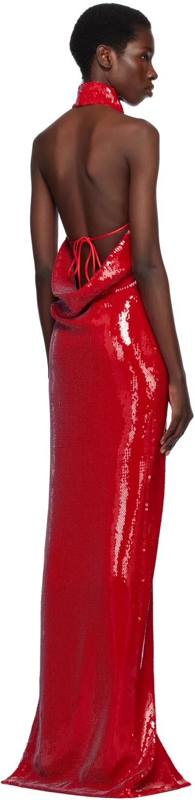 Balmain Red Long Sequin Halterneck Maxi Dress In 3ch Rouge Scarlet