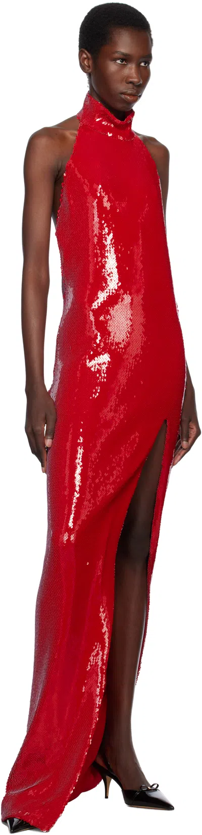 Balmain Red Long Sequin Halterneck Maxi Dress In 3ch Rouge Scarlet