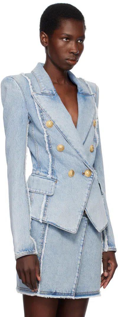 Balmain Tailored Jacket With Peak Lapels And Frayed Edges In 6fc Bleu Jean Clair