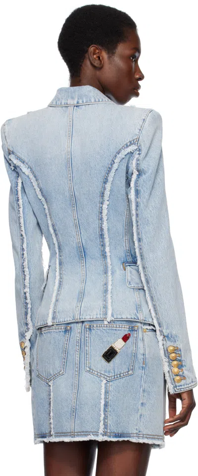 Balmain Tailored Jacket With Peak Lapels And Frayed Edges In 6fc Bleu Jean Clair