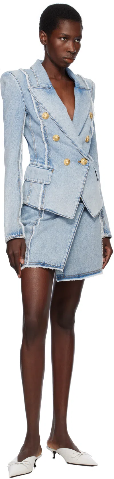 Balmain Tailored Jacket With Peak Lapels And Frayed Edges In 6fc Bleu Jean Clair