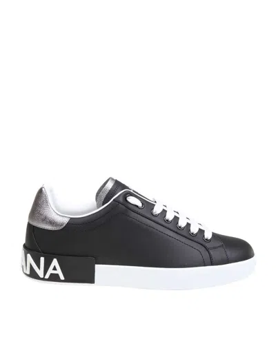 Dolce & Gabbana Portofino Sneakers In Black Leather With Silver Inserts In Black
