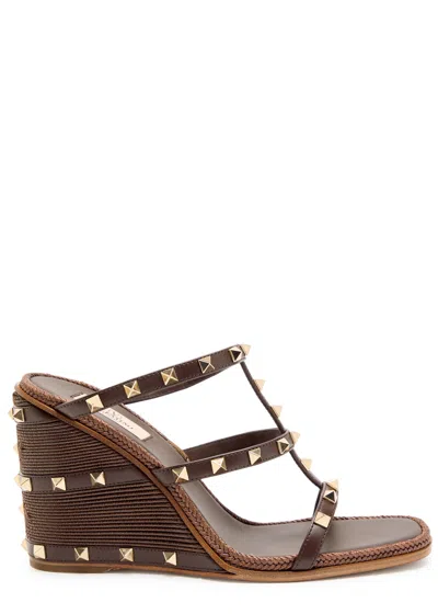 Valentino Garavani Rockstud Wedge Slide In Calfskin With Cornely Embroidery 100mm Woman Fondant 40.5 In Brown