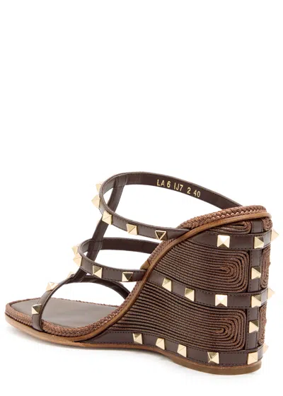 Valentino Garavani Rockstud Wedge Slide In Calfskin With Cornely Embroidery 100mm Woman Fondant 40.5 In Brown