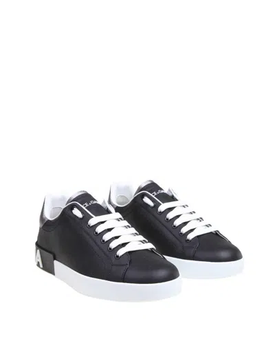 Dolce & Gabbana Portofino Sneakers In Black Leather With Silver Inserts In Black