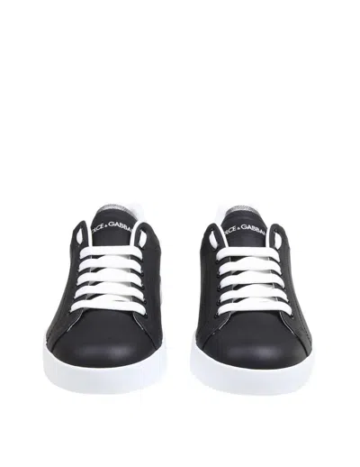 Dolce & Gabbana Portofino Sneakers In Black Leather With Silver Inserts In Black