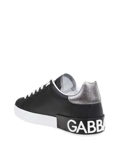 Dolce & Gabbana Portofino Sneakers In Black Leather With Silver Inserts In Black
