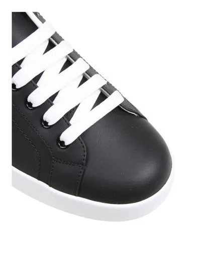 Dolce & Gabbana Portofino Sneakers In Black Leather With Silver Inserts In Black