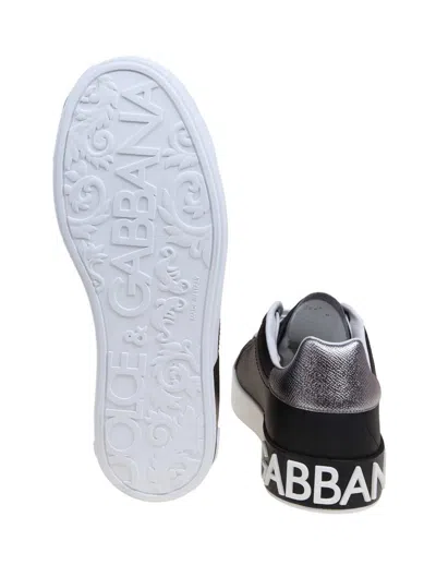 Dolce & Gabbana Portofino Sneakers In Black Leather With Silver Inserts In Black