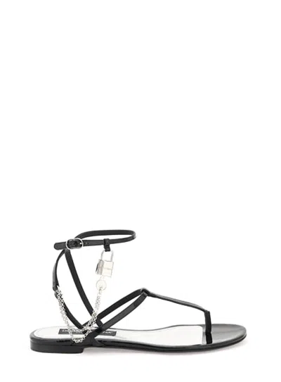 Dolce & Gabbana Patent Leather Thong Sandals With Padlock In Black