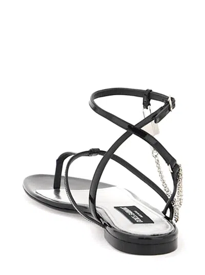 Dolce & Gabbana Patent Leather Thong Sandals With Padlock In Black