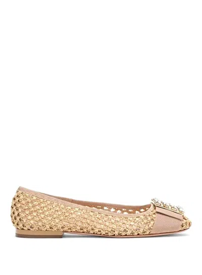Roger Vivier Tres Vivier Raffia Strass Ballerina Flats In Beige