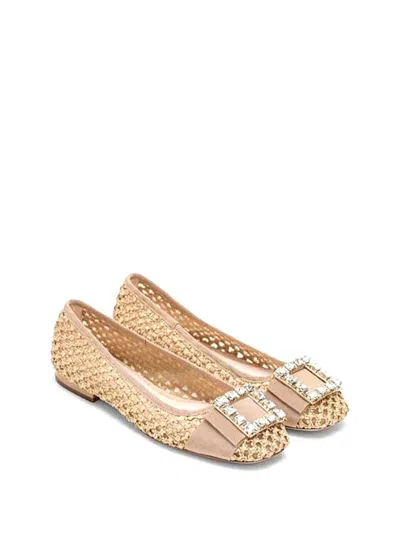 Roger Vivier Tres Vivier Raffia Strass Ballerina Flats In Beige