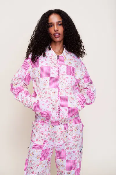 Danielle Guizio Ny Adrian Patchwork Bomber In Pink Multi Plaid