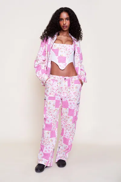 Danielle Guizio Ny Adrian Patchwork Bomber In Pink Multi Plaid