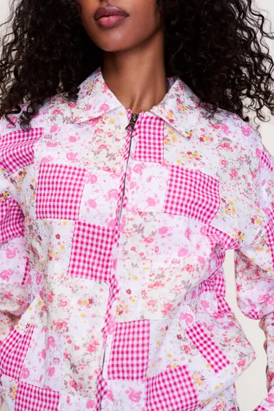 Danielle Guizio Ny Adrian Patchwork Bomber In Pink Multi Plaid