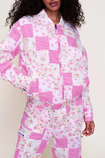 Danielle Guizio Ny Adrian Patchwork Bomber In Pink Multi Plaid