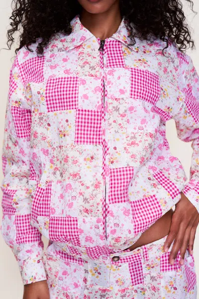 Danielle Guizio Ny Adrian Patchwork Bomber In Pink Multi Plaid