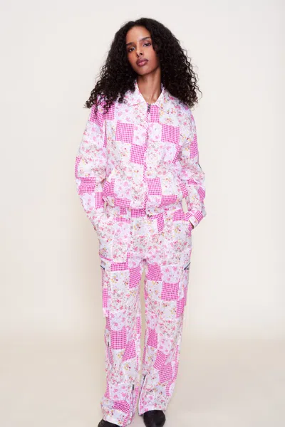 Danielle Guizio Ny Adrian Patchwork Bomber In Pink Multi Plaid