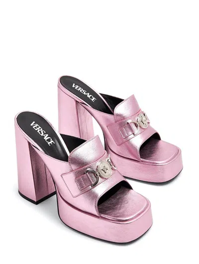 Versace Metallic Leather Flat With Medusa Detail And Maxi Platform In Pink