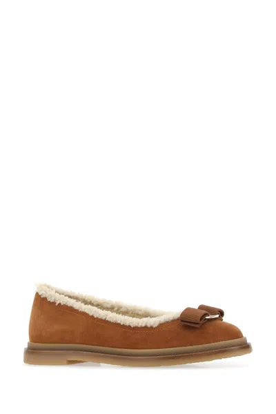 Ferragamo Varina Shearling-lined Bow-embellished Suede Ballet Flats