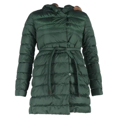 Max Mara Belted Fur Trim Down Jacket In Green Polyamide In Green