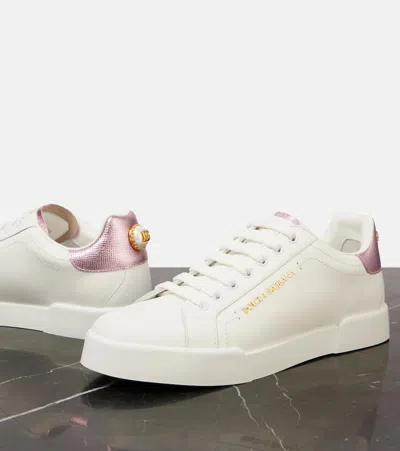 Dolce & Gabbana Women Portofino Leather Low-top Sneakers With Lateral Lettering Logo In White