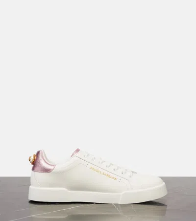 Dolce & Gabbana Women Portofino Leather Low-top Sneakers With Lateral Lettering Logo In White