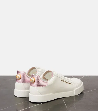 Dolce & Gabbana Women Portofino Leather Low-top Sneakers With Lateral Lettering Logo In White