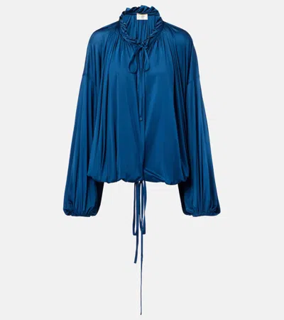 Saint Laurent Ruffle Collar Drawstring Satin Blouse In Blue