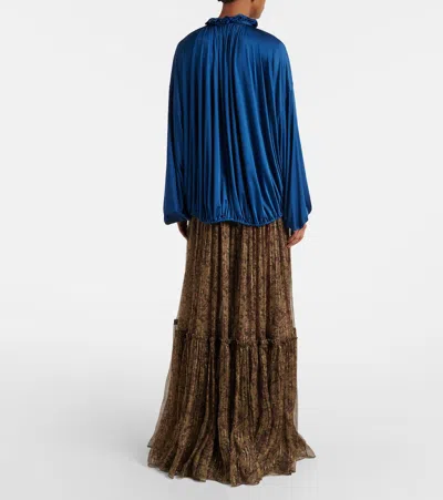 Saint Laurent Ruffle Collar Drawstring Satin Blouse In Blue