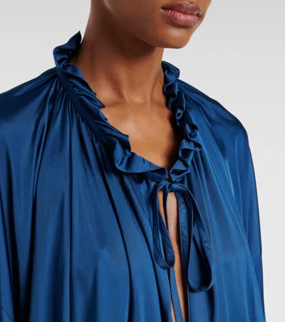 Saint Laurent Ruffle Collar Drawstring Satin Blouse In Blue