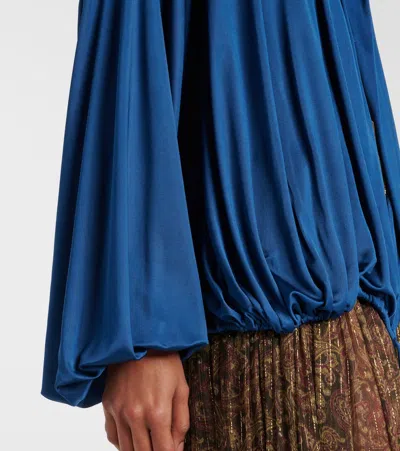 Saint Laurent Ruffle Collar Drawstring Satin Blouse In Blue