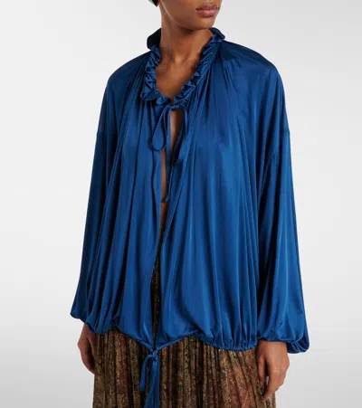 Saint Laurent Ruffle Collar Drawstring Satin Blouse In Blue